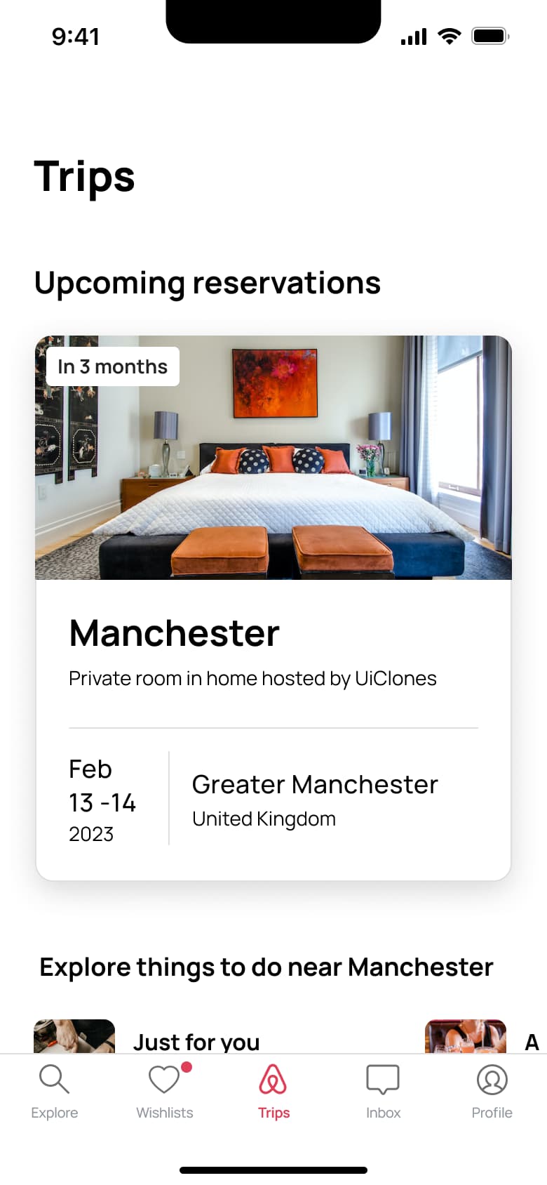 Trips: upcoming reservation card and things to do nearby.