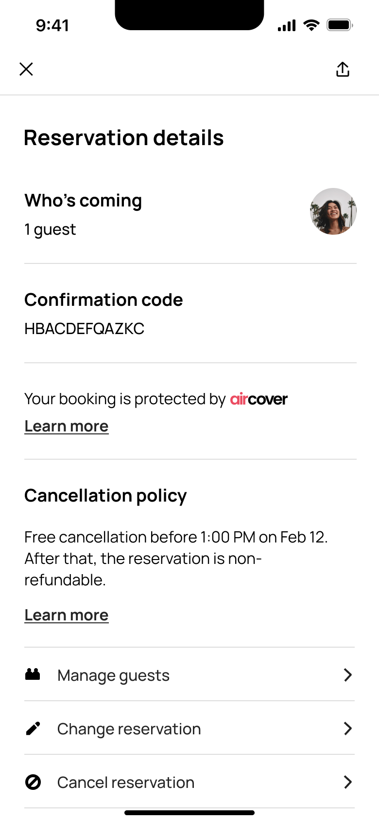 Reservation details: guests, code, protection, policy, manage, change and cancel.