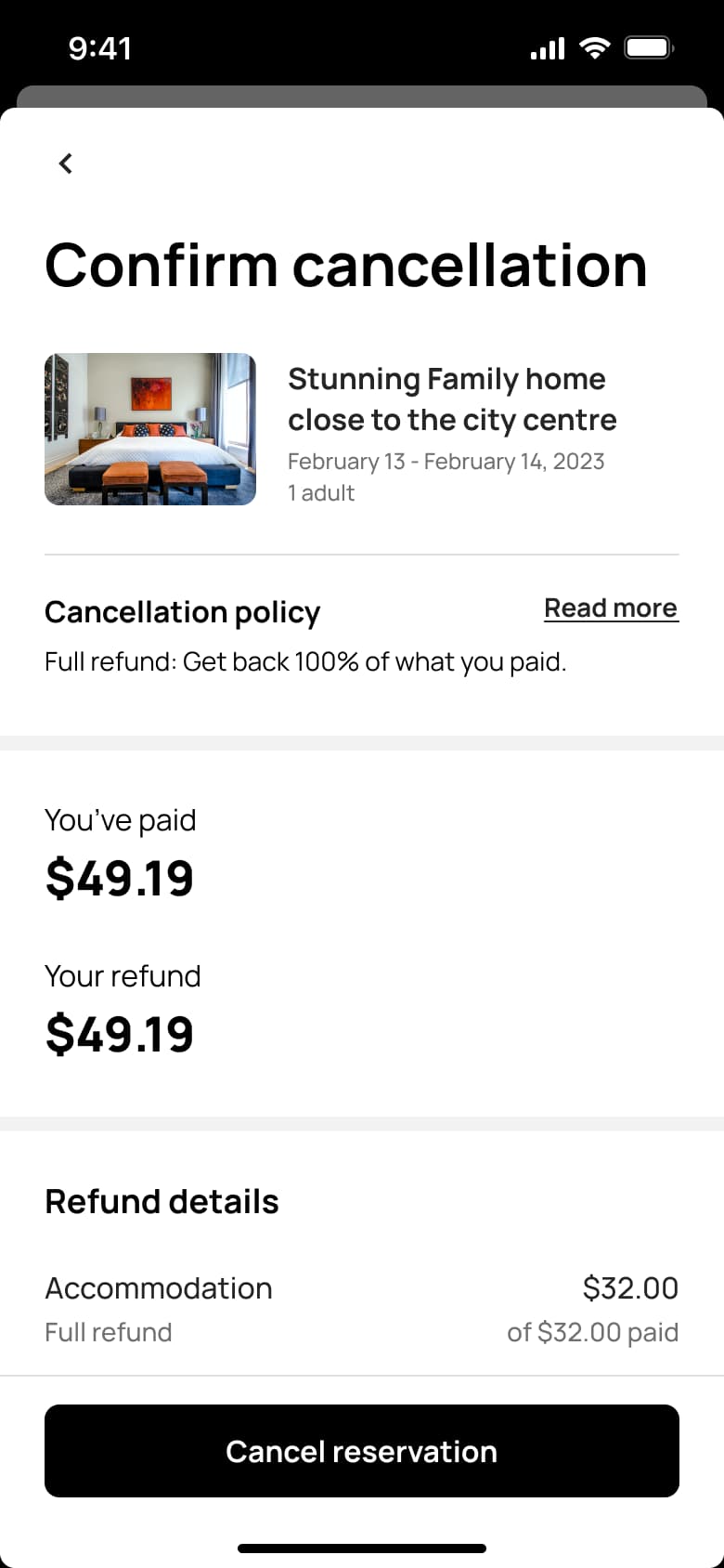 Confirm cancellation: listing, policy, amount paid and refund.