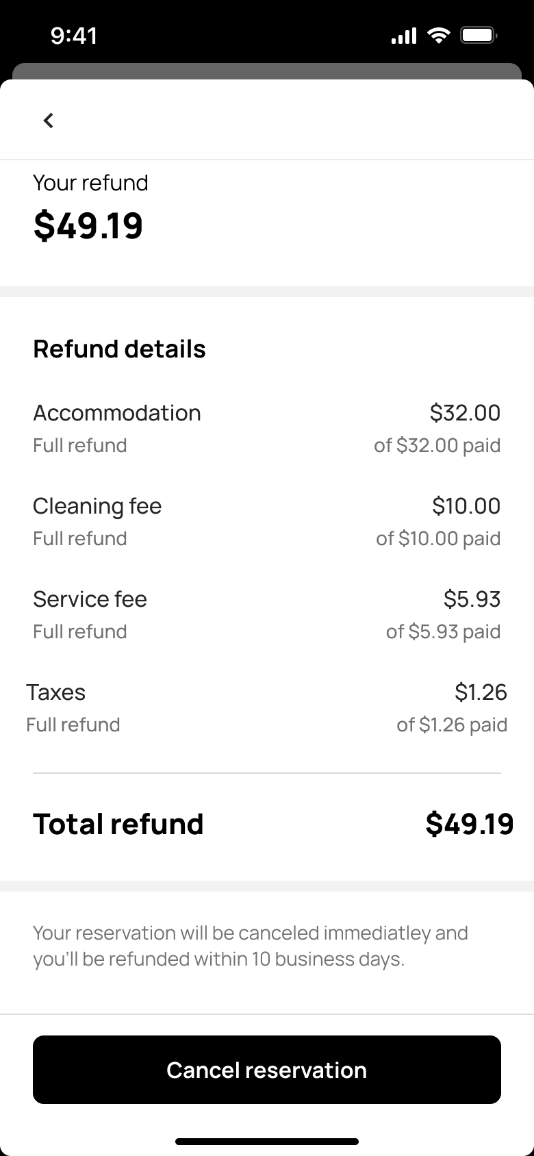 Refund details breakdown with cancel reservation button.