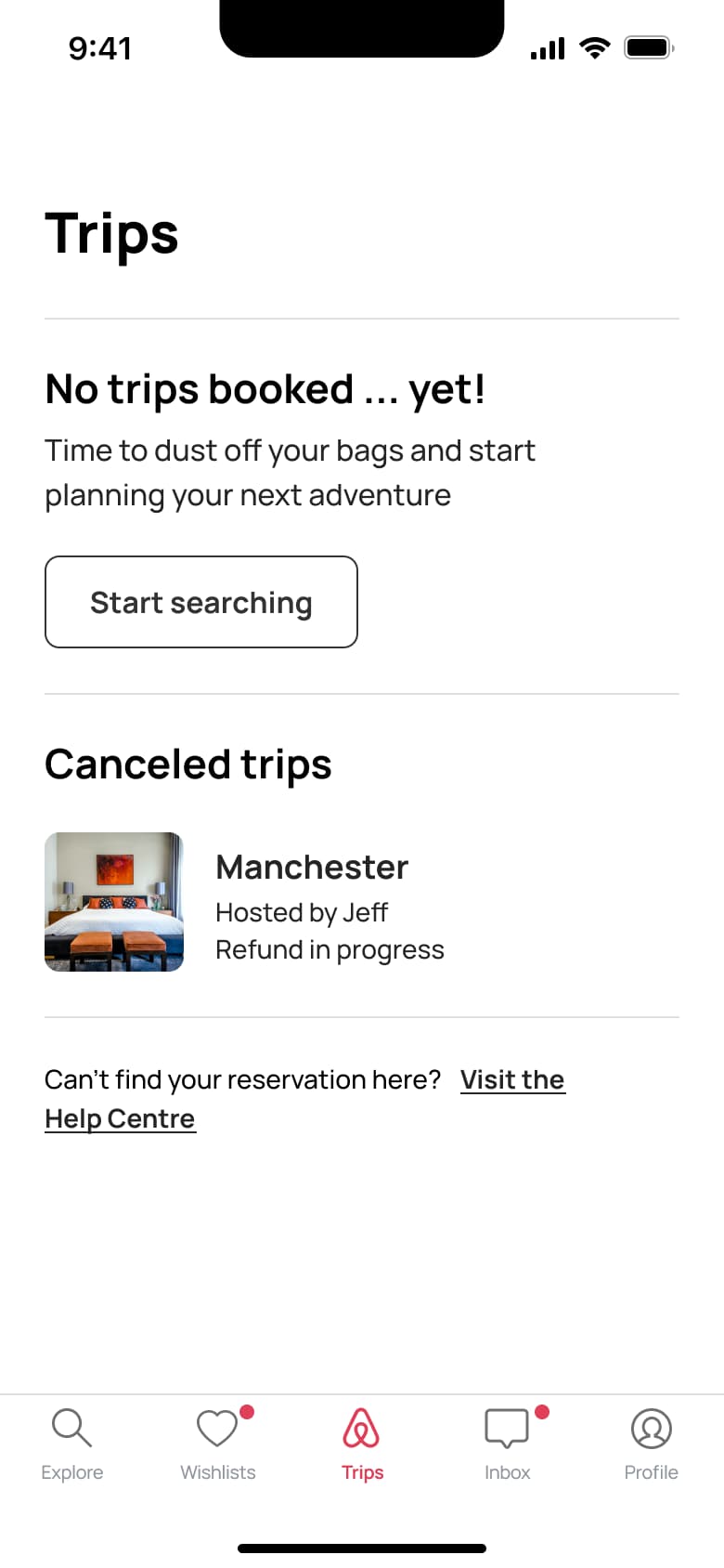 Trips: no trips booked yet, start searching, and cancelled trips.