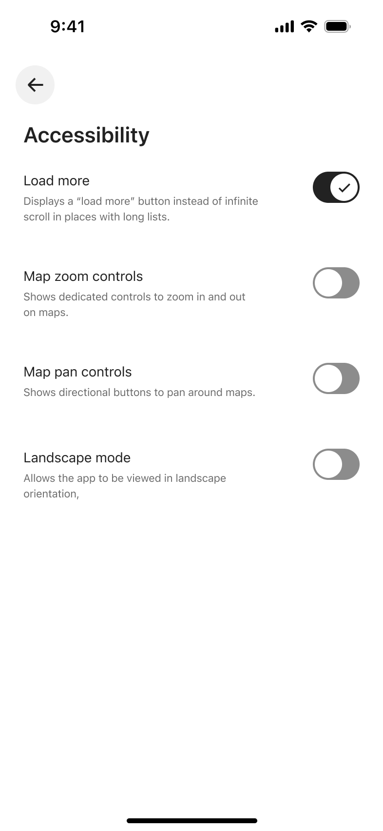 Accessibility settings: load more, map zoom and pan controls, landscape mode toggles.