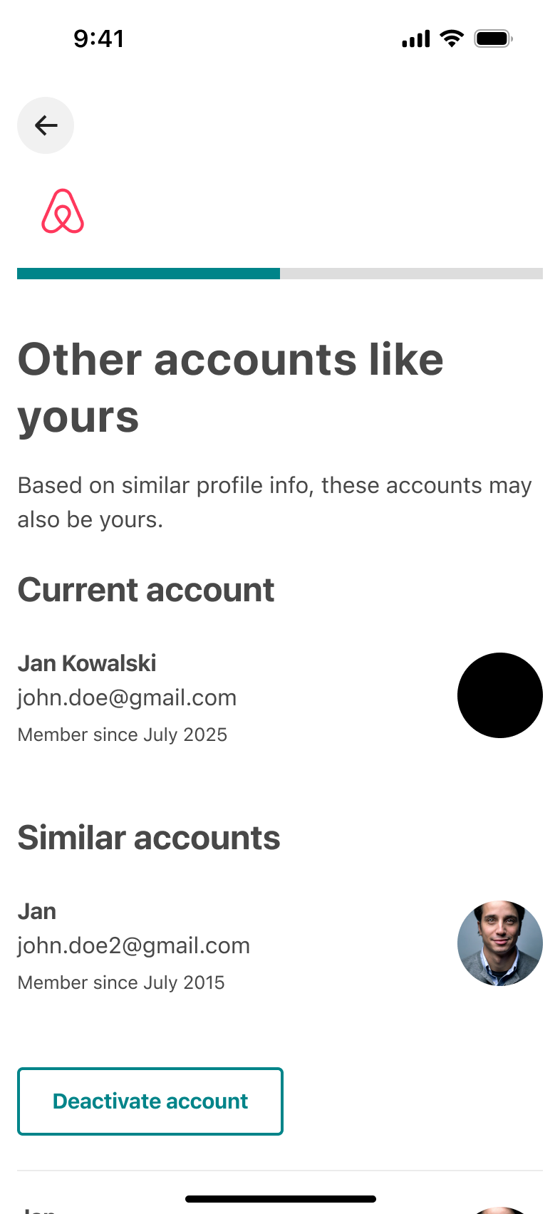 Other accounts like yours: current and similar accounts with deactivate buttons.