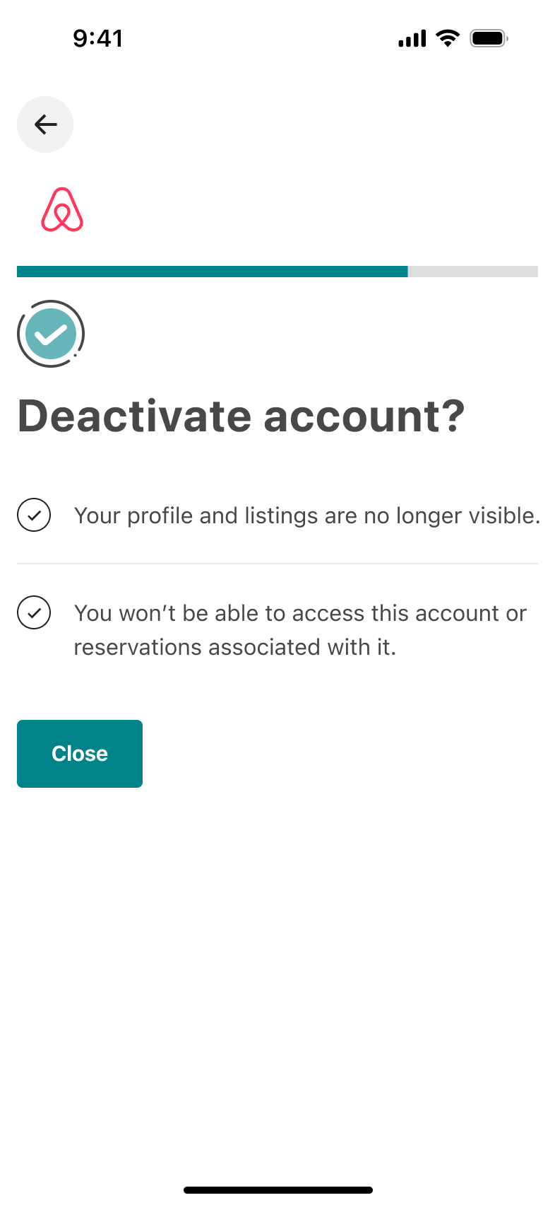 Account deactivated confirmation with close button.
