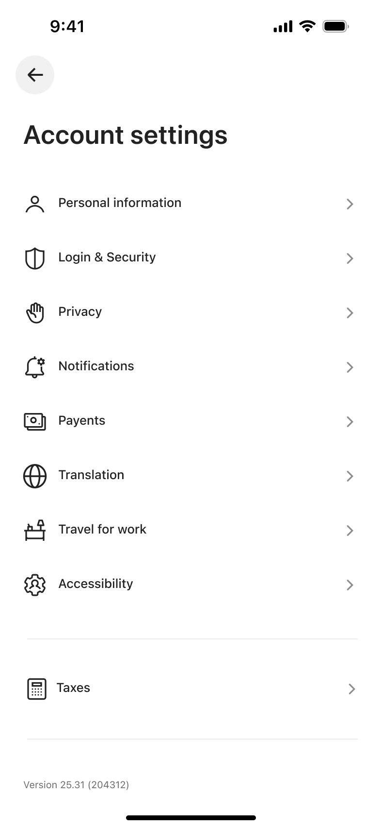Account settings list of rows with icons and chevrons, notifications banner dismissed.