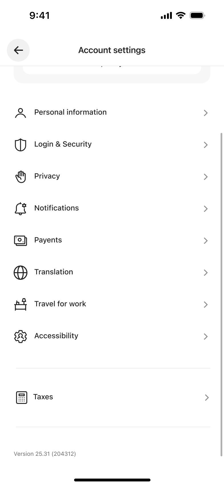 Account settings scrolled with collapsed title, showing taxes row and app version.