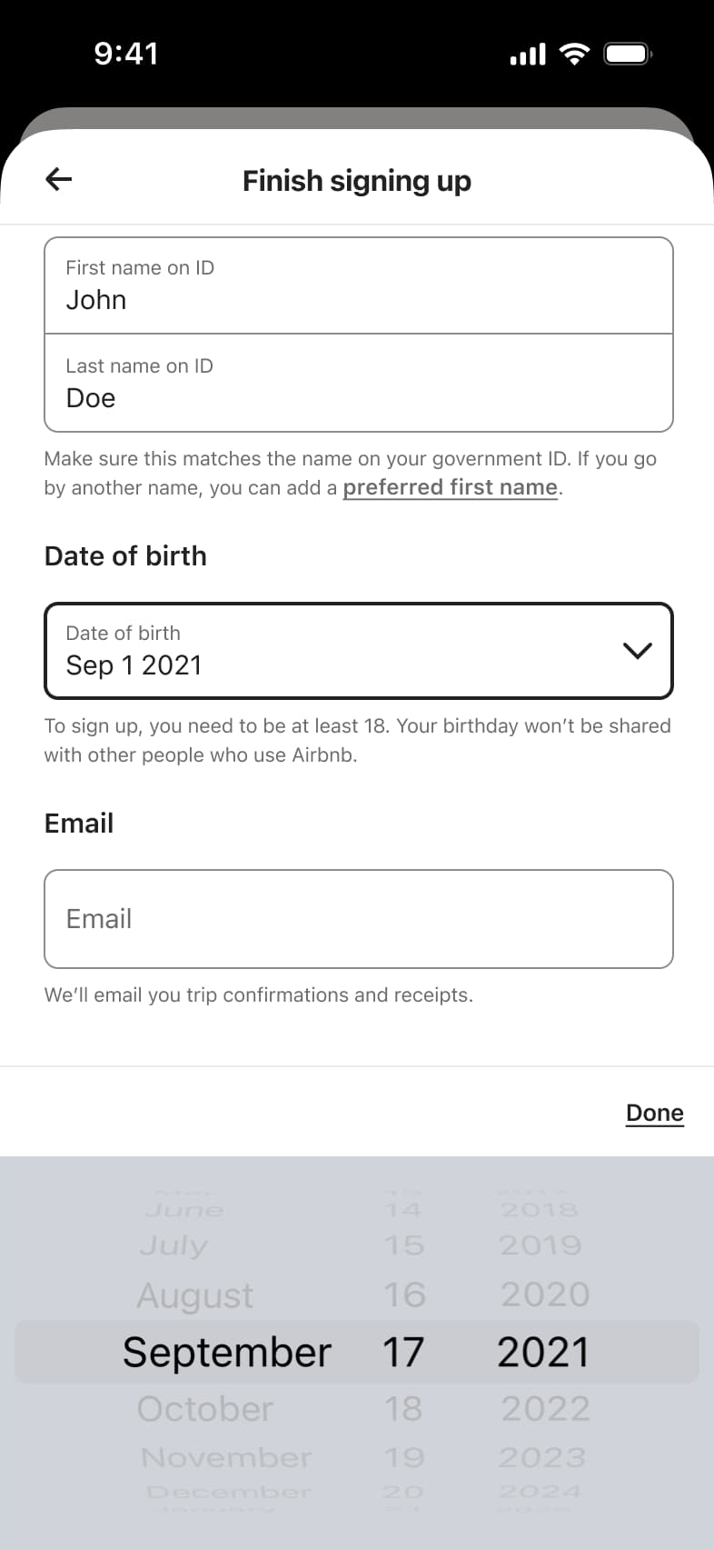Finish signing up: legal name and date of birth wheel picker, with email field below.