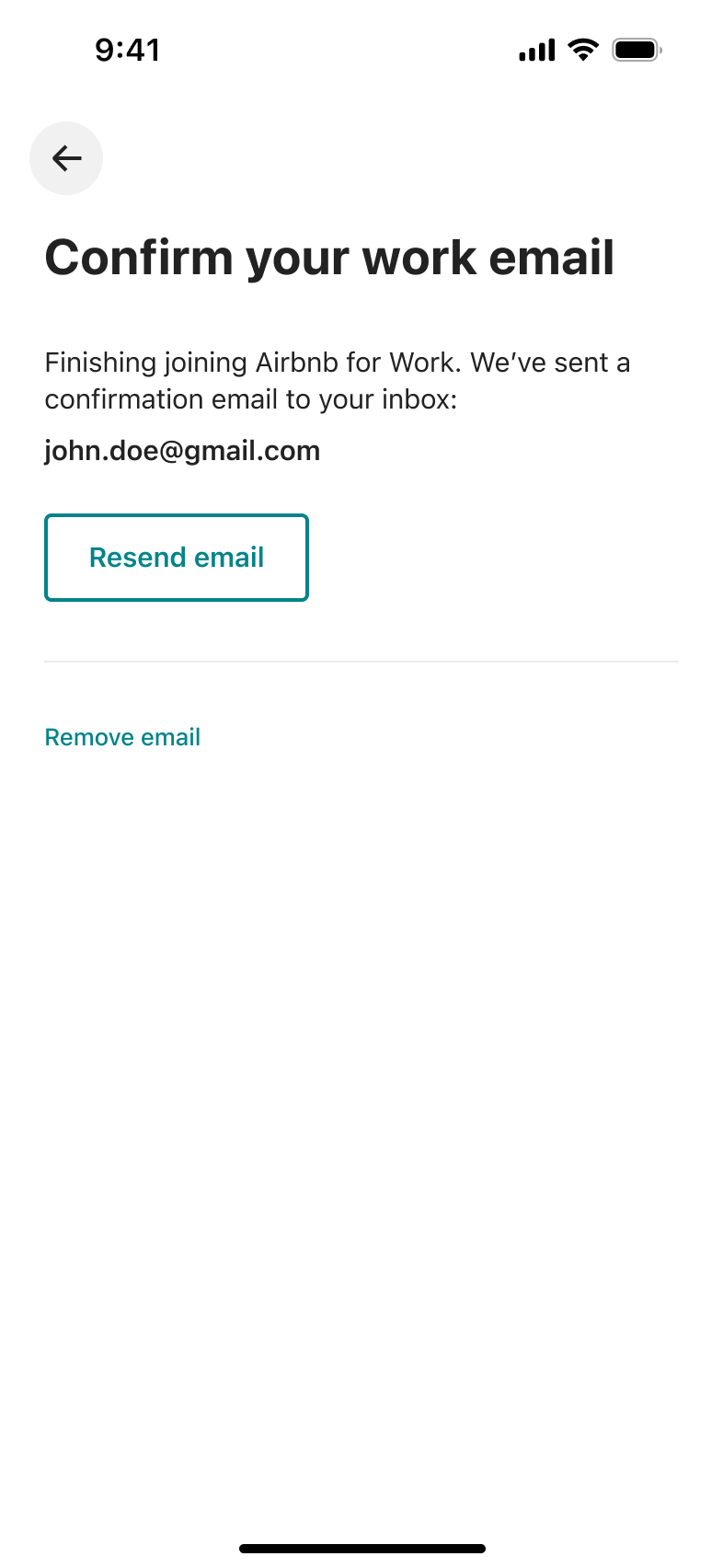 Confirm your work email: confirmation sent, resend email and remove email options.