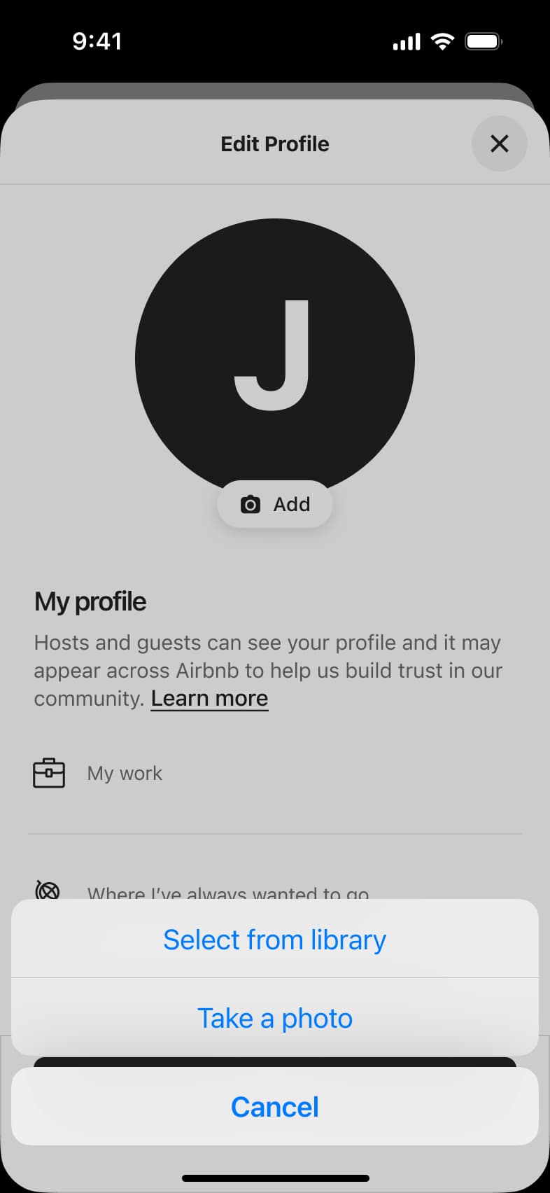 Profile photo action sheet: select from library, take a photo or cancel.