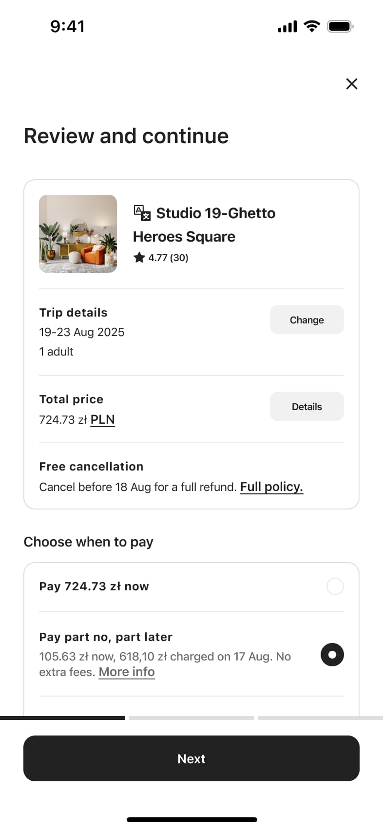Review and continue: listing summary, trip details, total price, free cancellation and pay now or later options.