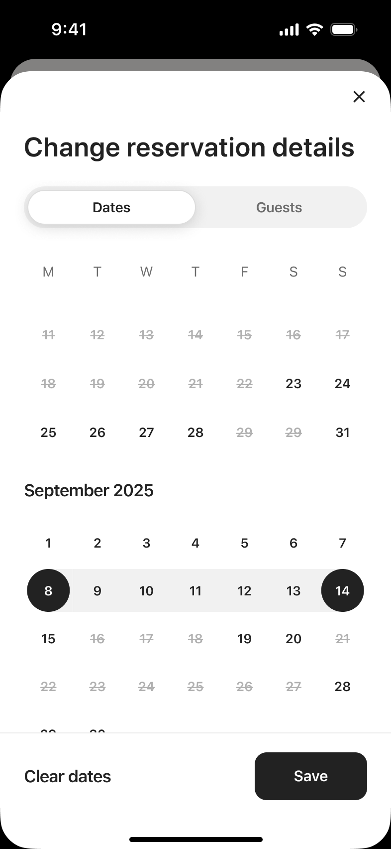 Change reservation details: dates tab with new range selected.