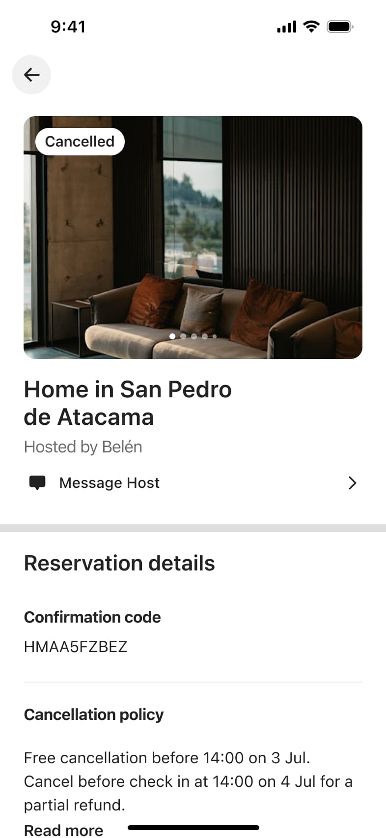Cancelled trip detail with cancelled badge, host, message host and reservation details.
