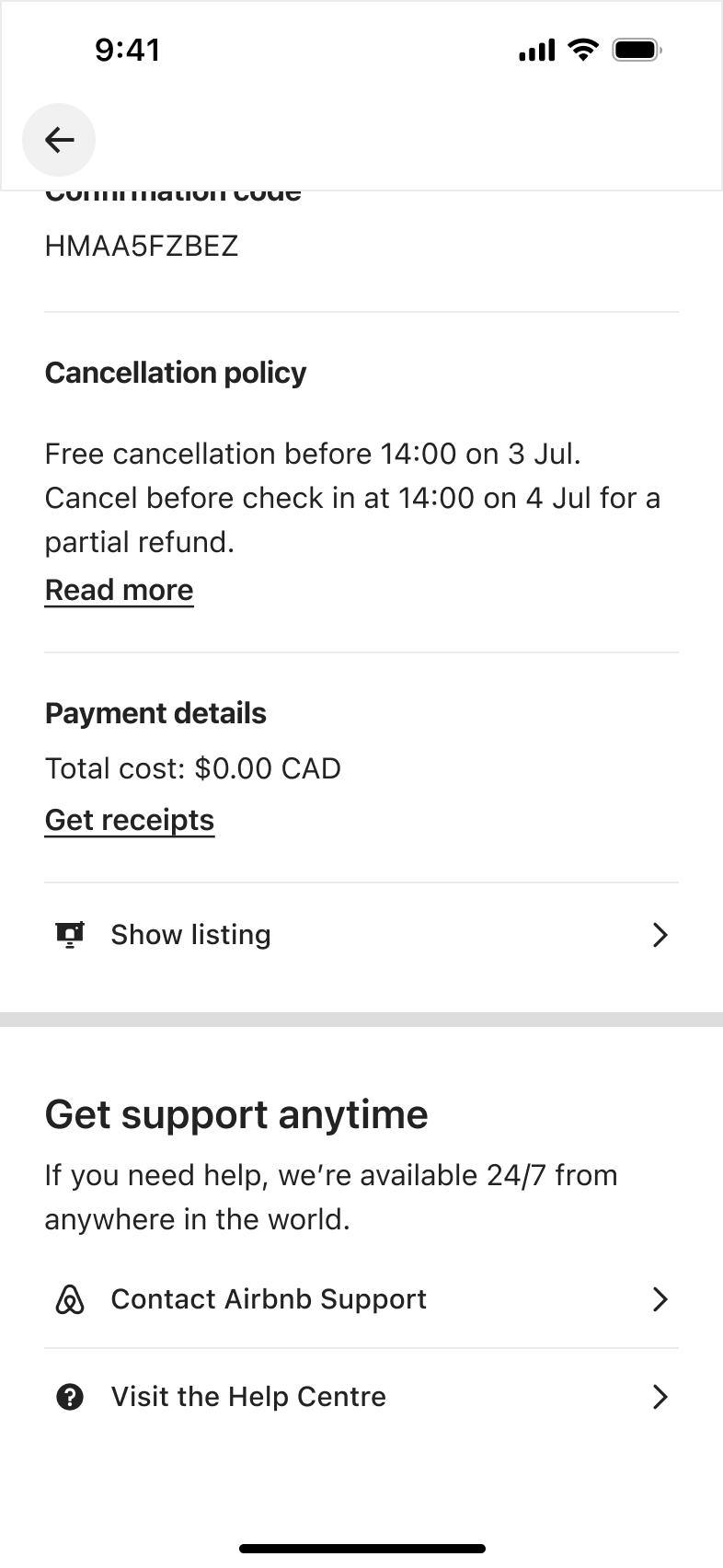 Cancelled trip scrolled: cancellation policy, payment details, receipts and support links.