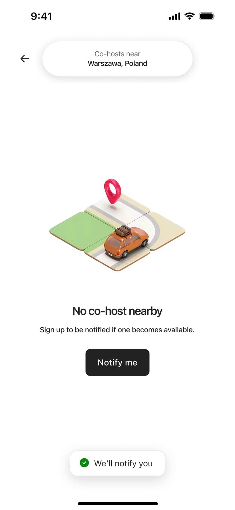 No co-host nearby with toast confirming you will be notified.