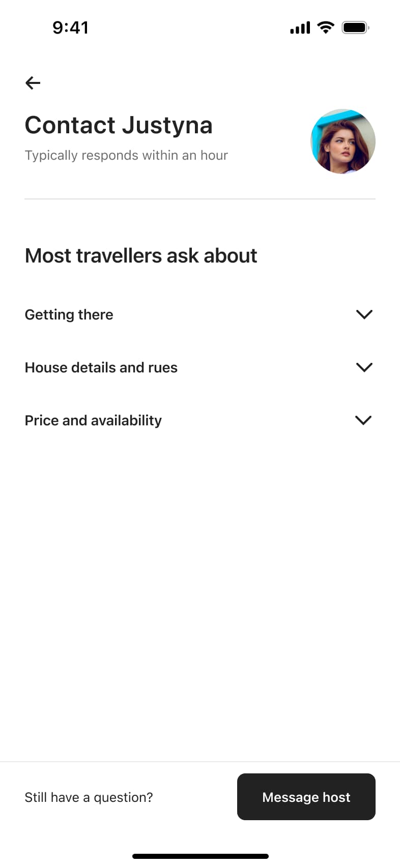 Contact host page with common questions accordions and message host button.