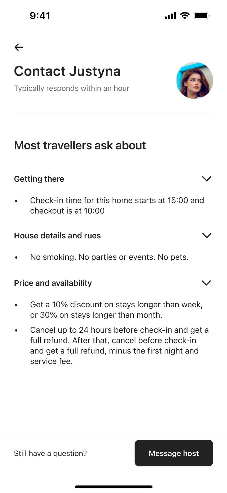 Contact host page with expanded answers on check-in, house rules and price.