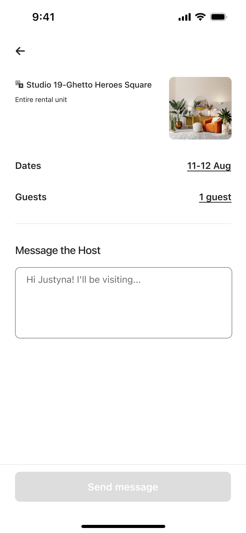 Message the host form with trip summary, dates and guests, and empty message box.
