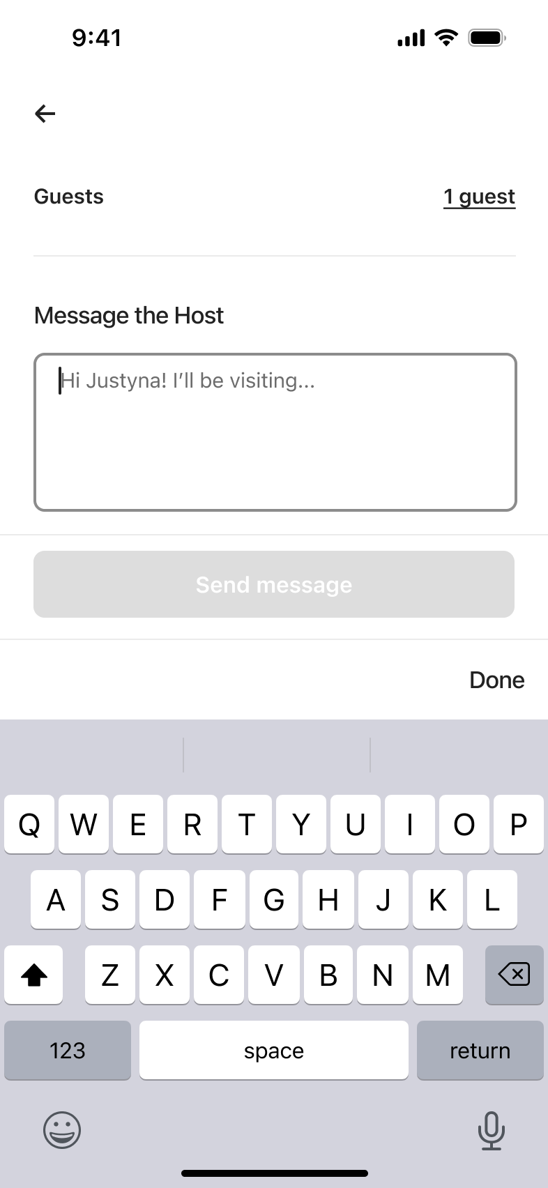 Message the host text area focused with keyboard, send disabled.