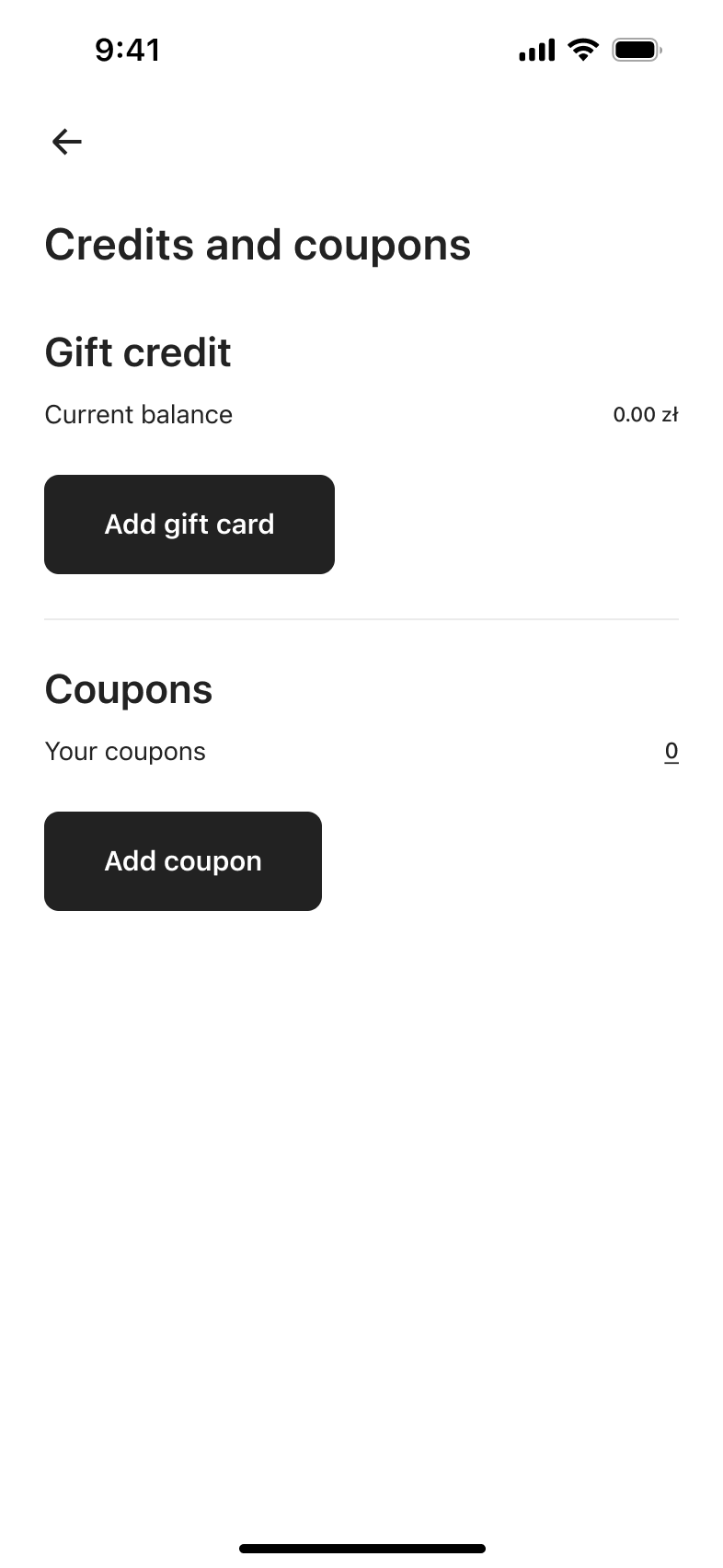 Credits and coupons: gift credit balance and coupons with add gift card and add coupon buttons.