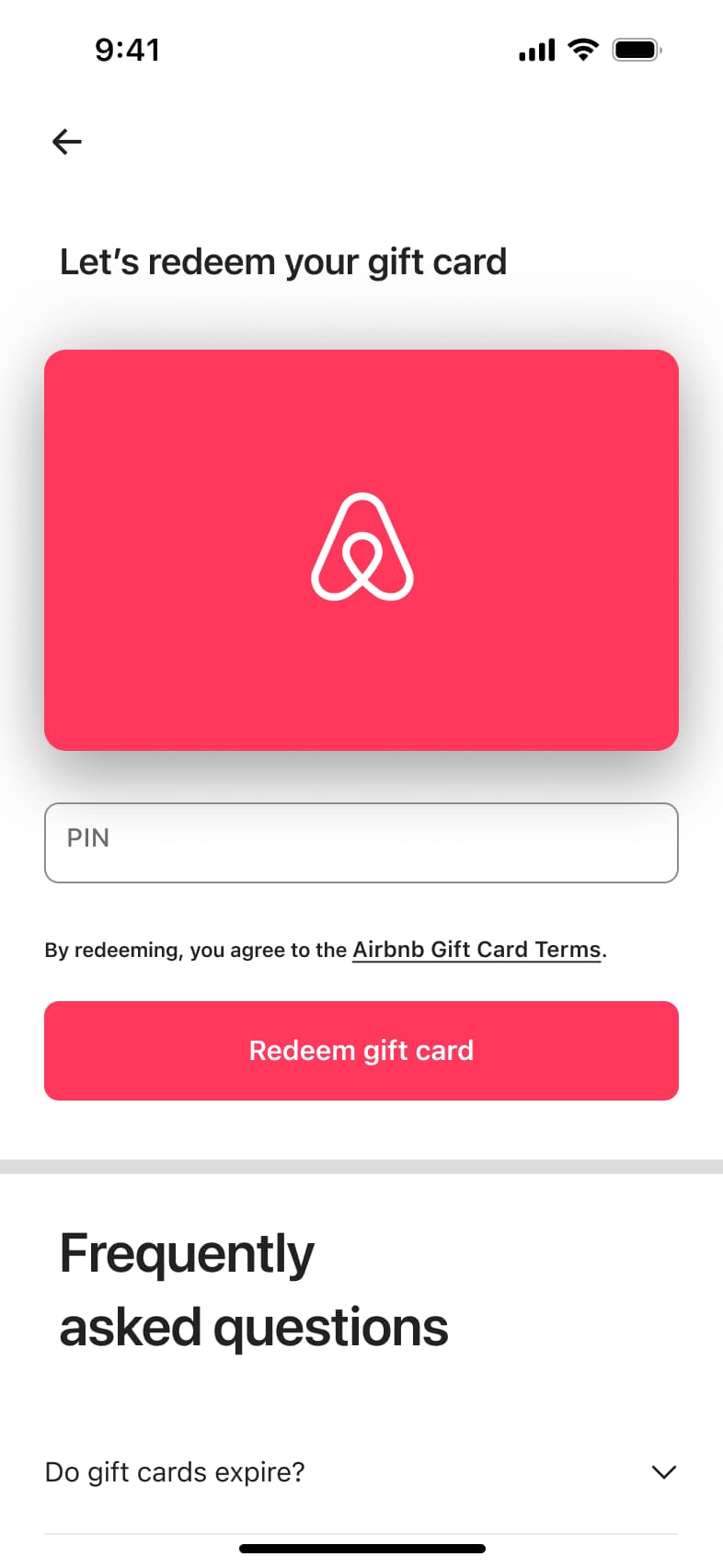 Redeem gift card with card graphic, PIN field and FAQs below.
