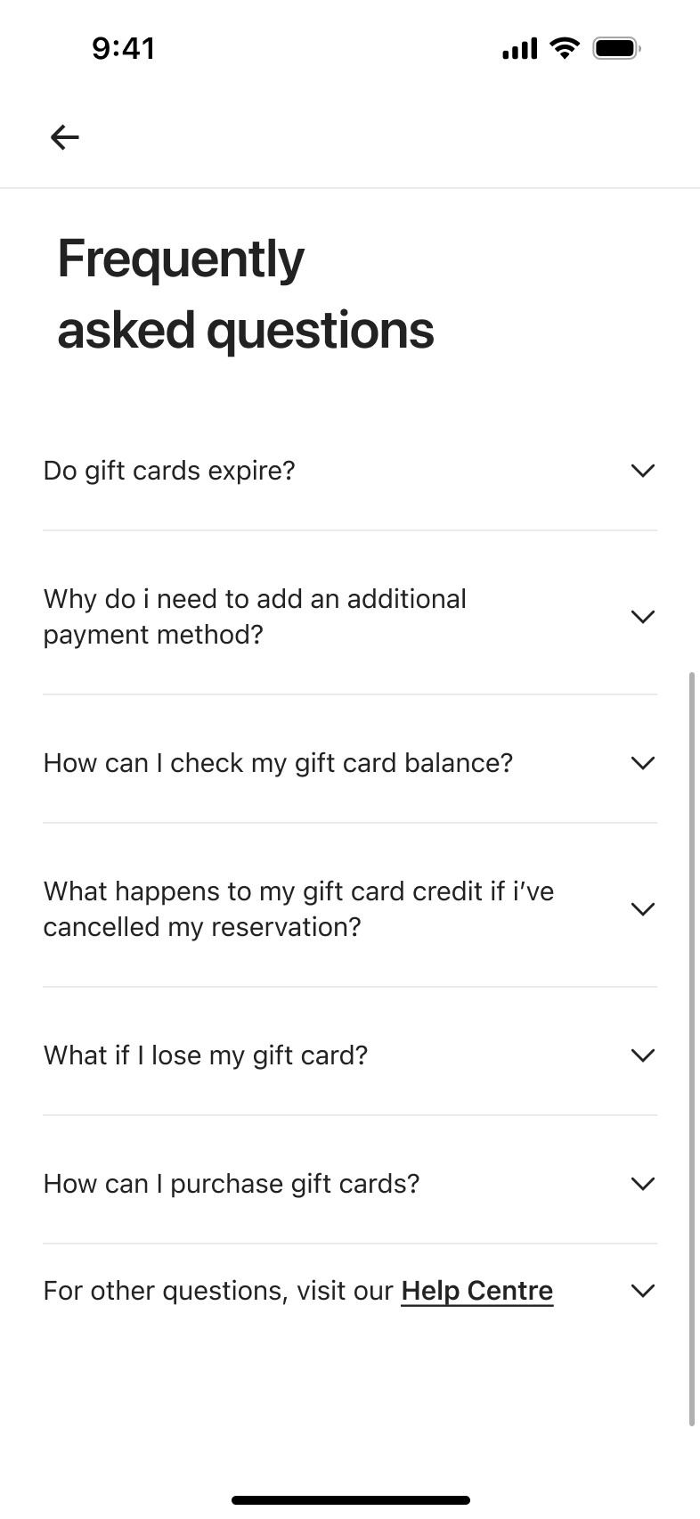 Gift card frequently asked questions accordion list.