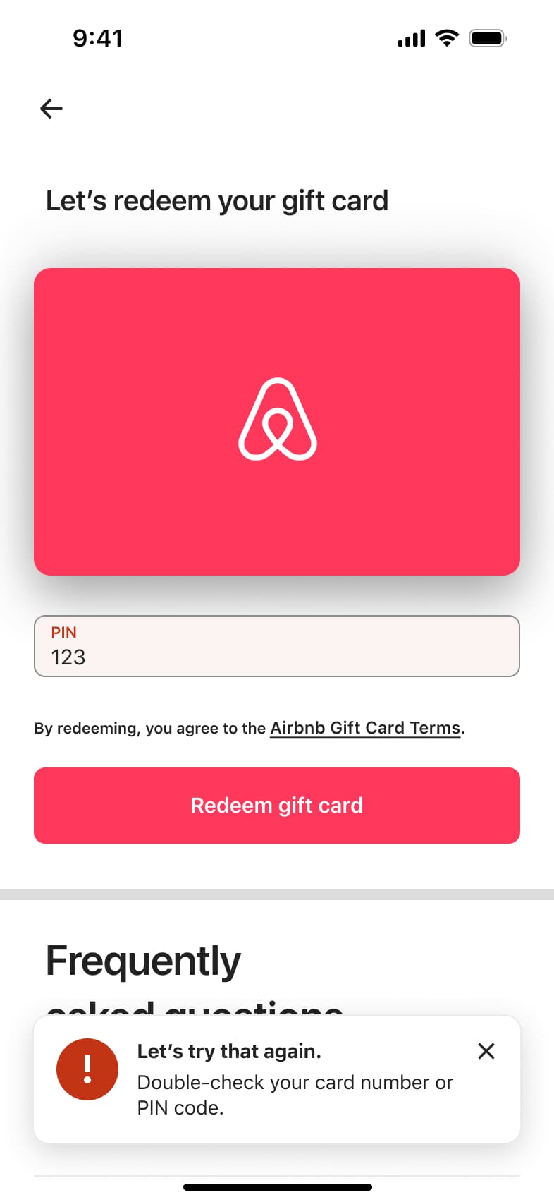 Gift card PIN rejected with error toast asking to double-check the code.