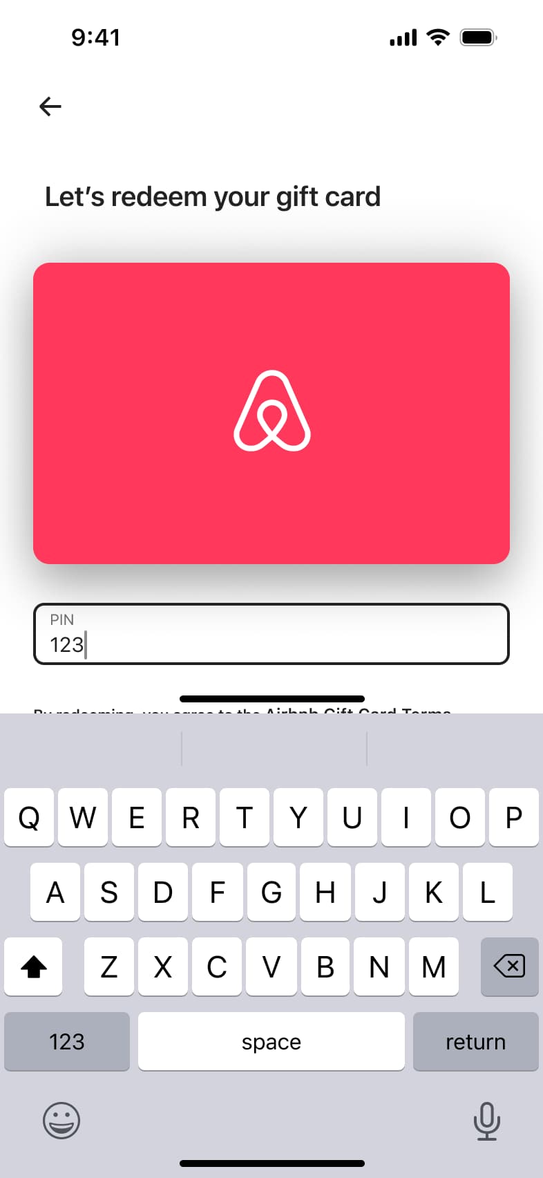 Gift card PIN being typed with keyboard open.