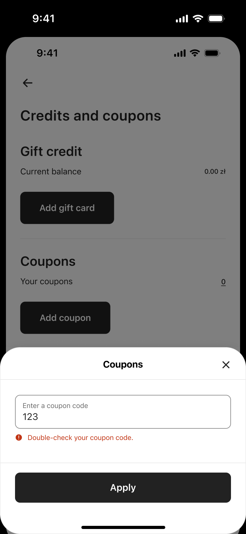 Coupons sheet with invalid coupon code error.