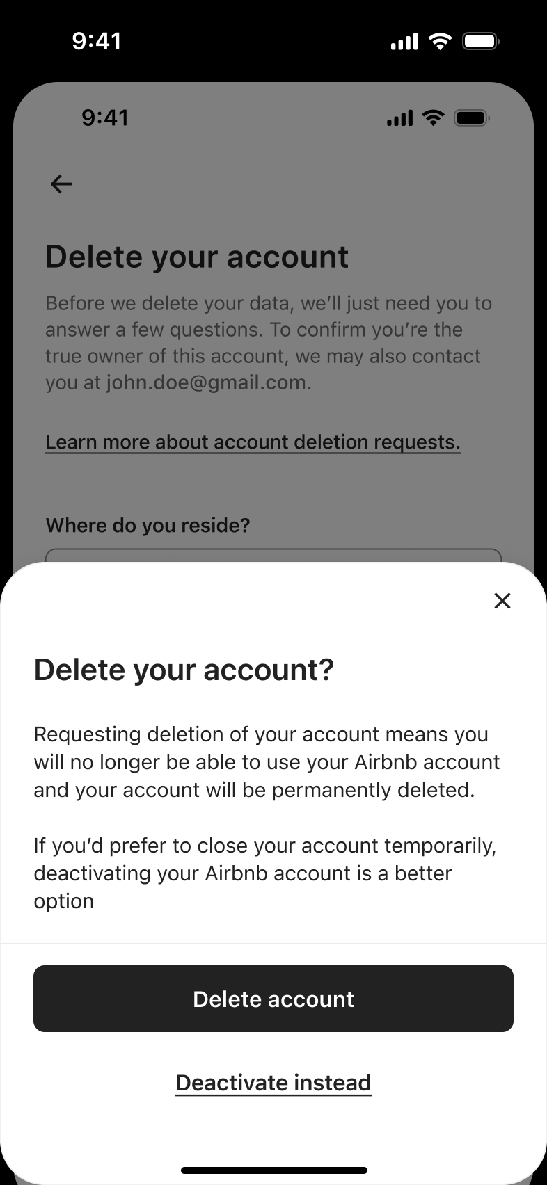 Delete your account confirmation sheet suggesting deactivation instead.