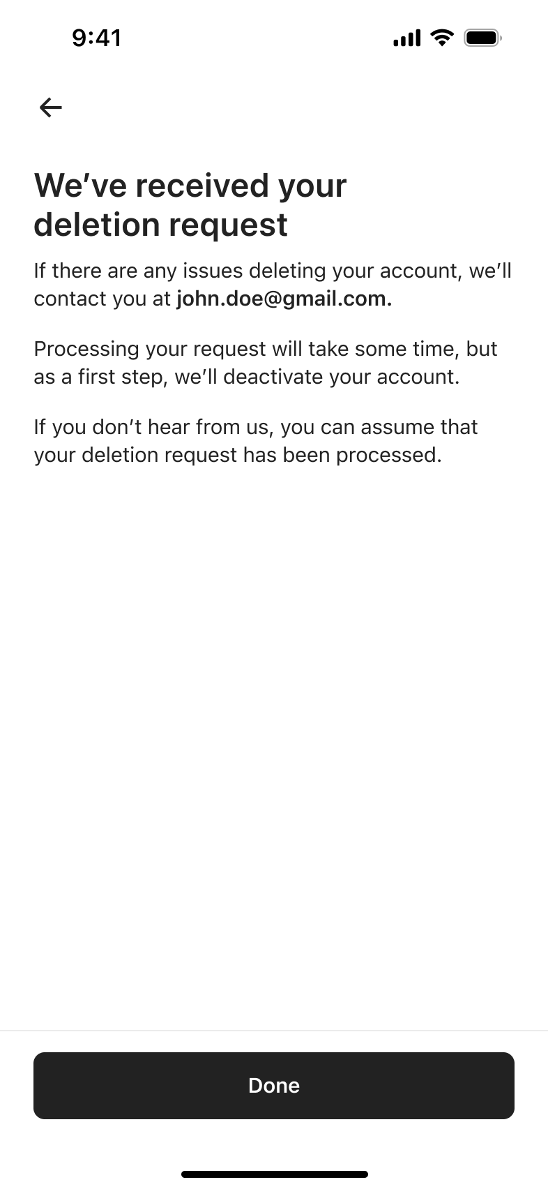 Deletion request received with processing information and done button.