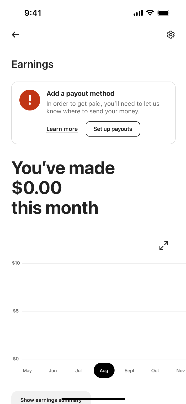 Earnings dashboard: add payout method alert, monthly earnings headline and bar chart.