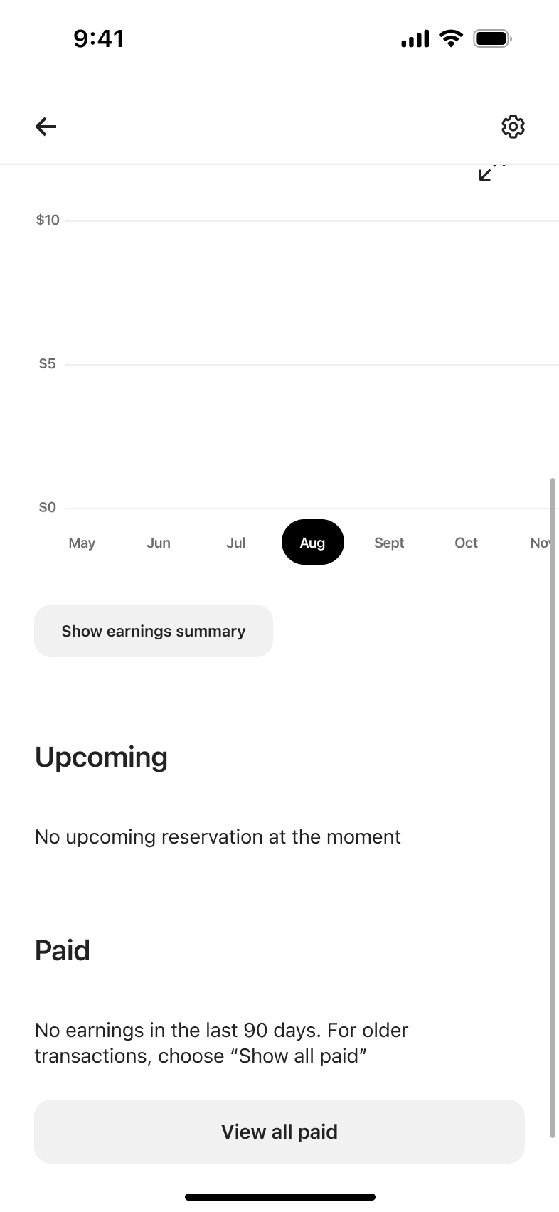 Earnings scrolled: chart, upcoming and paid sections with view all paid button.
