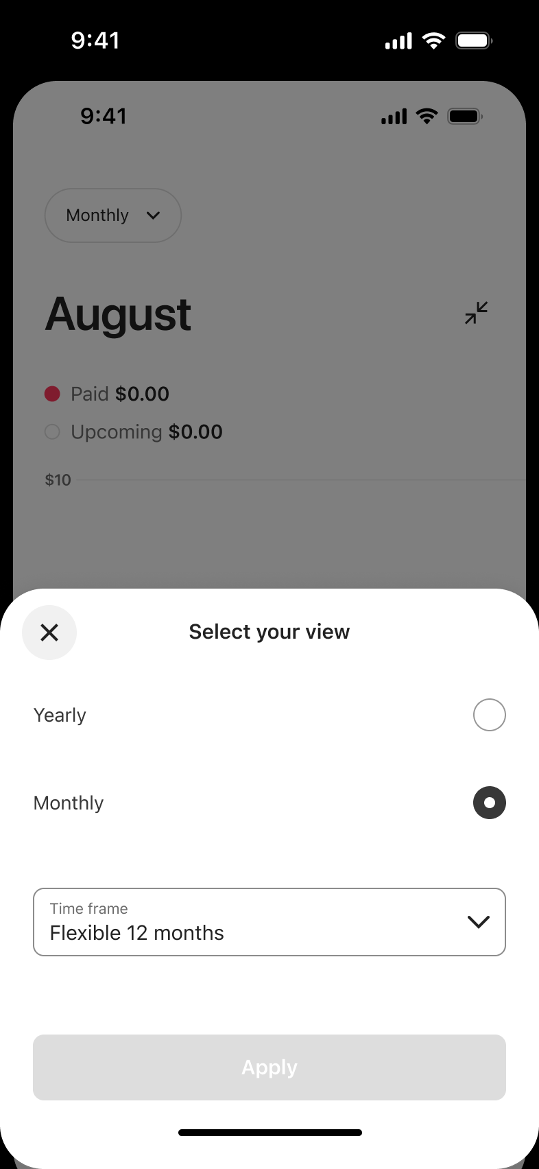 Select your view sheet: yearly or monthly with time frame picker.