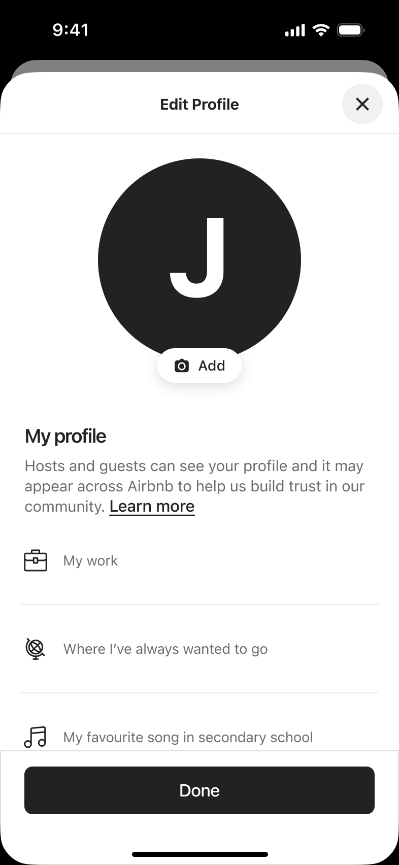 Edit profile with avatar add photo button and profile prompts.