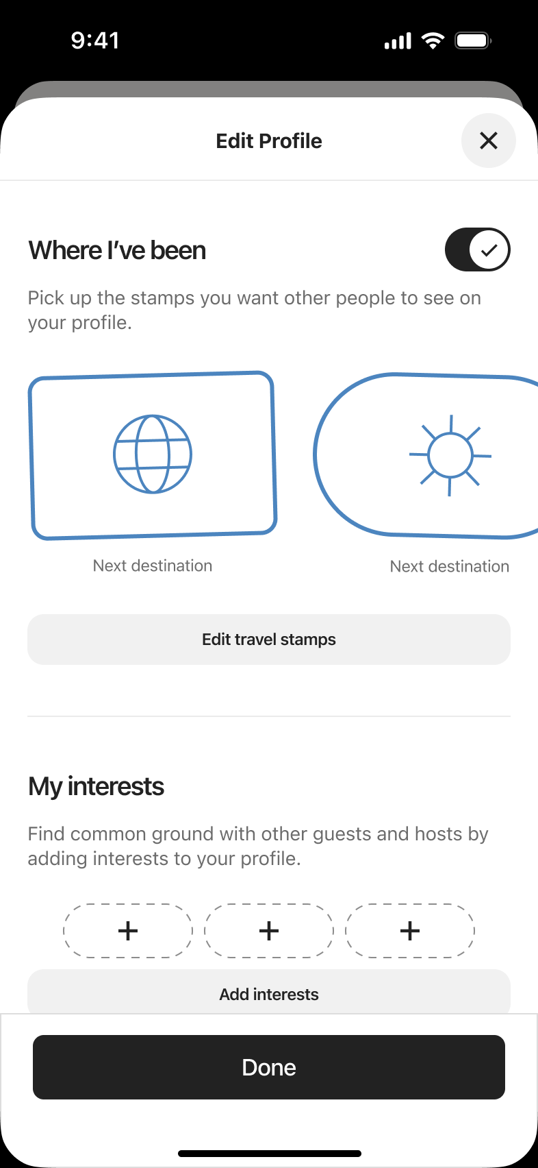 Edit profile: where I've been travel stamps toggle and interests slots.