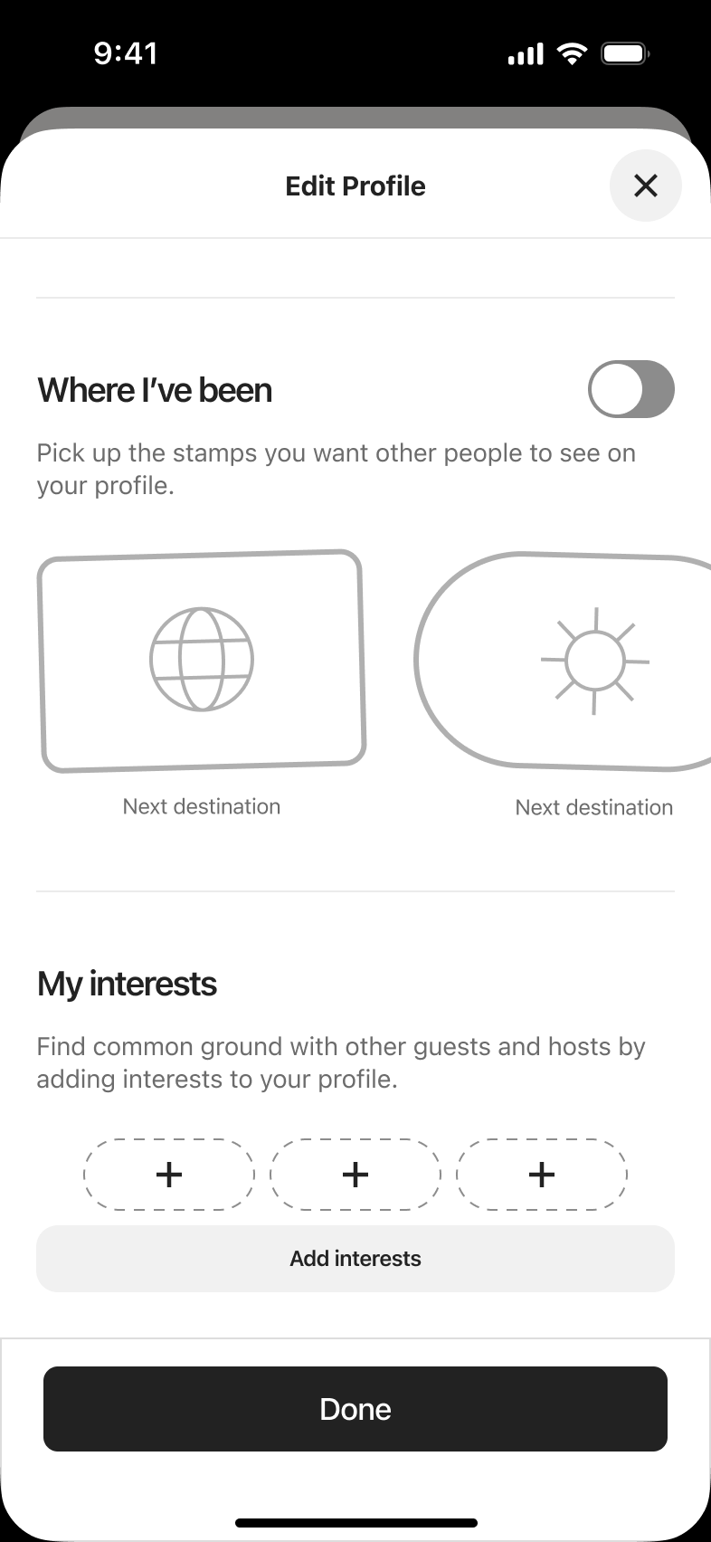Edit profile with travel stamps toggle off.