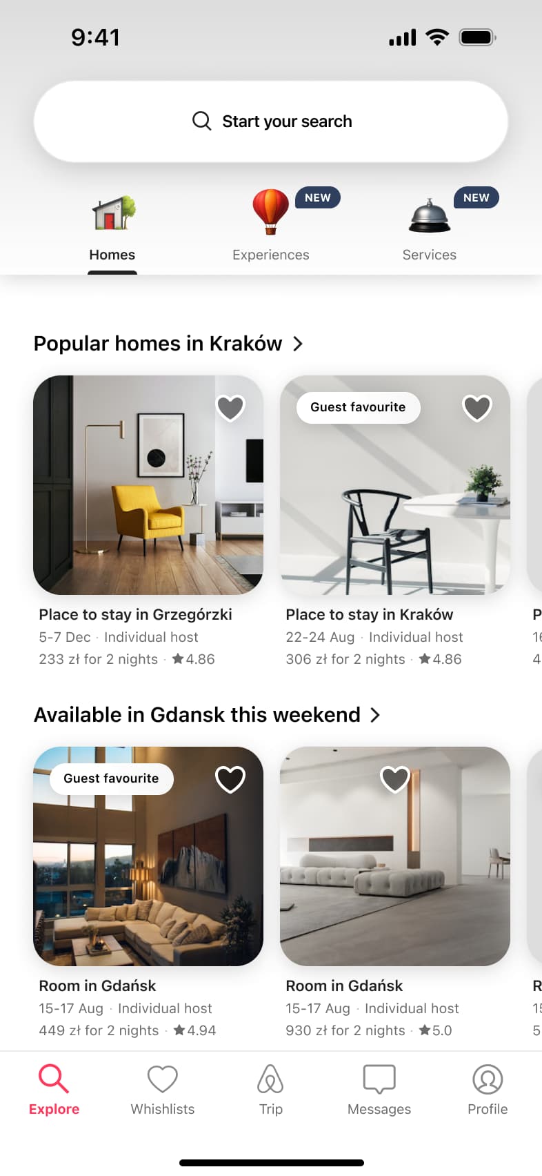 Explore home with search pill, homes, experiences and services tabs, and carousels of popular and available stays with favourite hearts.