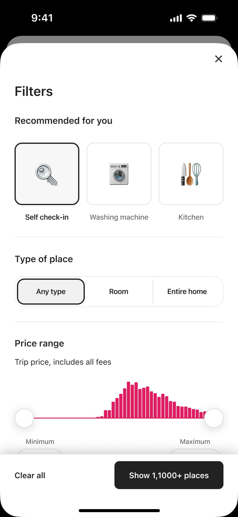 Filters: recommended amenities, type of place selector and price range histogram with show places button.