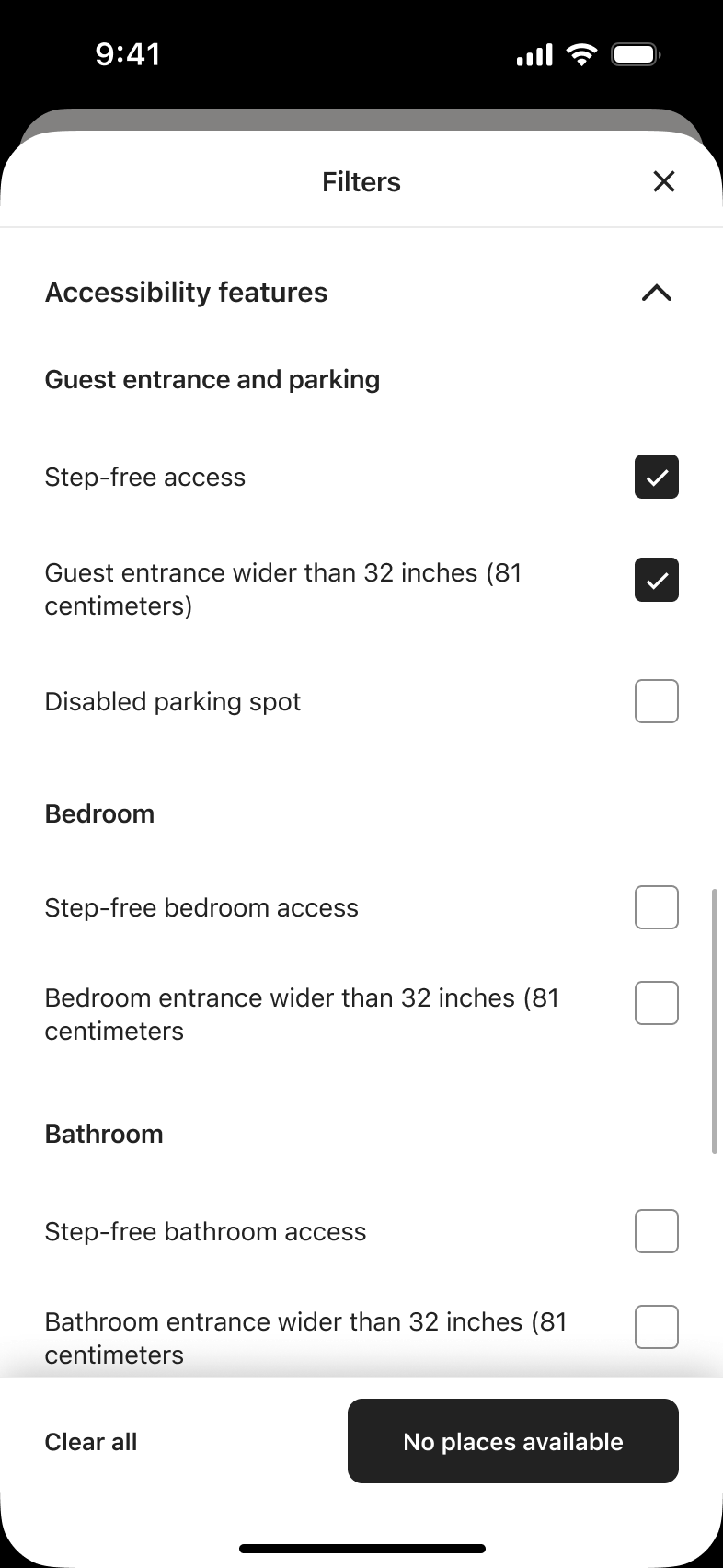 Accessibility features with two entrance options ticked; no places available.