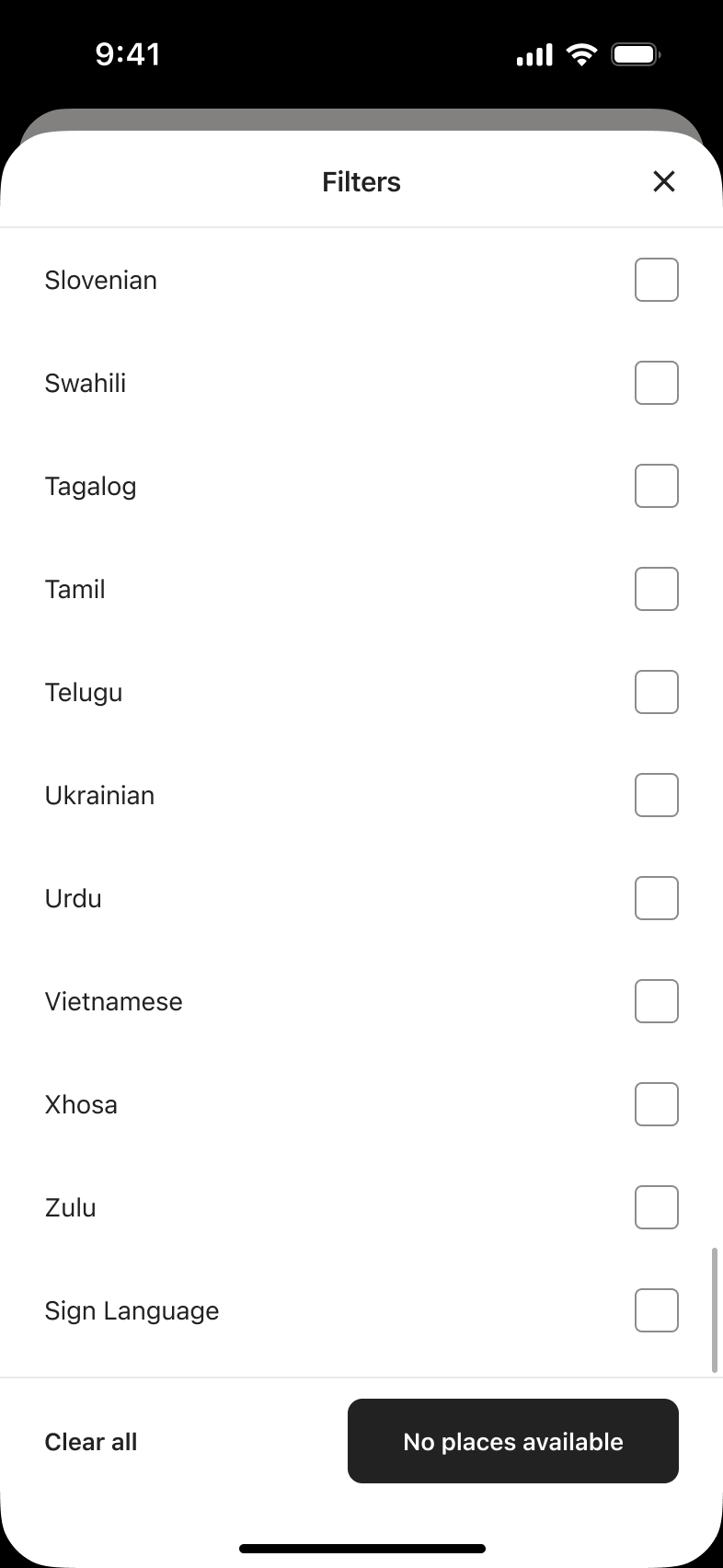 Long host language checklist scrolled, no places available.