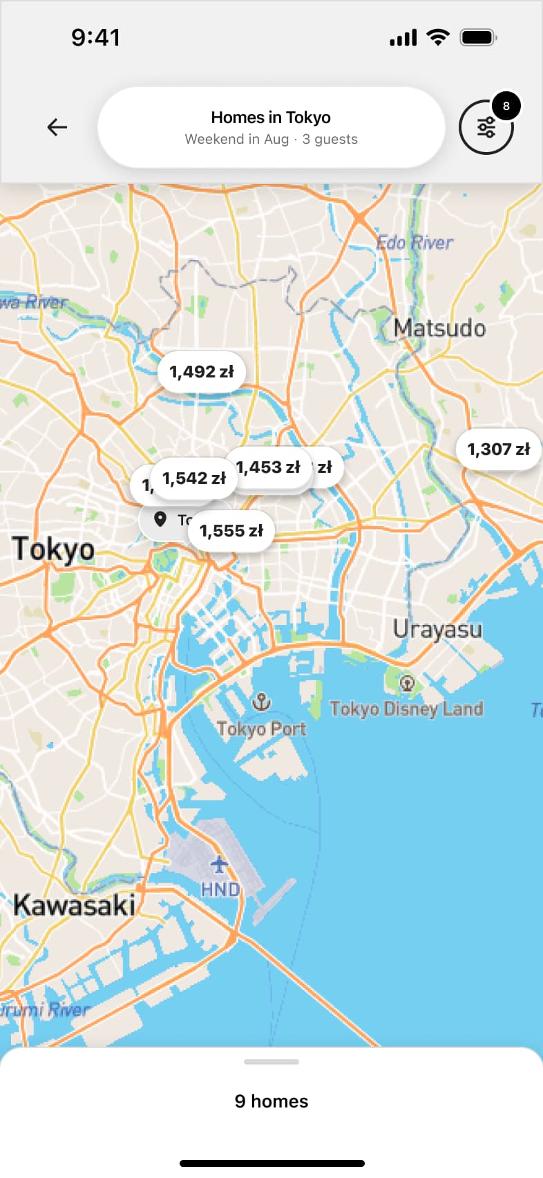 Filtered results map with filter count badge and nine homes.