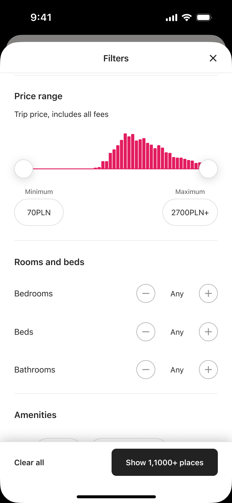 Filters price range and rooms and beds counters.