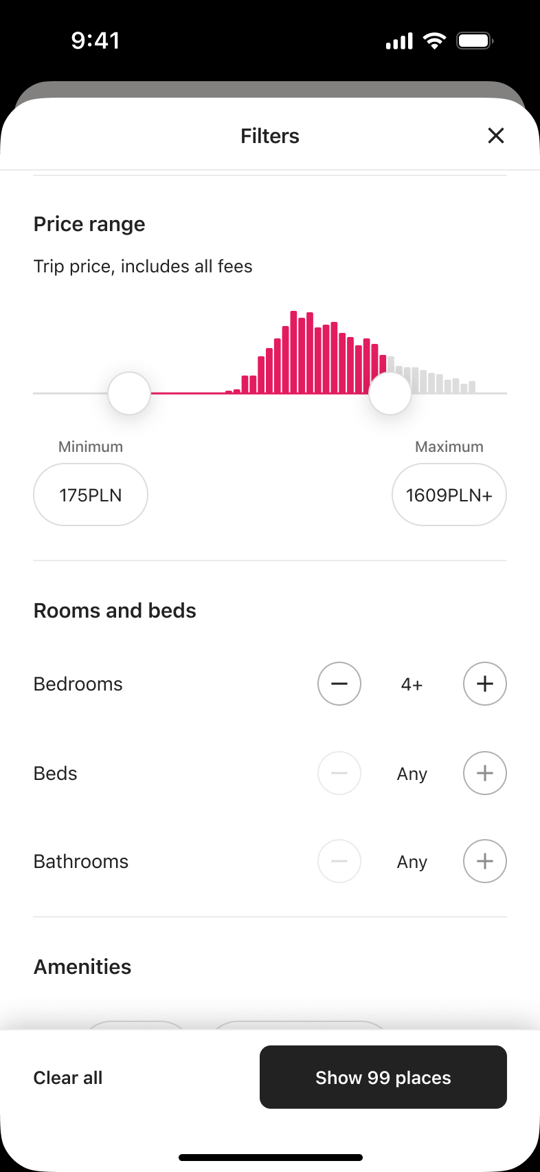 Filters with price range narrowed and four-plus bedrooms selected, result count updated.
