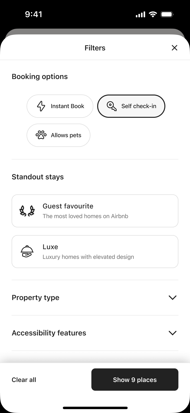 Filters booking options, standout stays cards, and collapsed property type and accessibility sections.