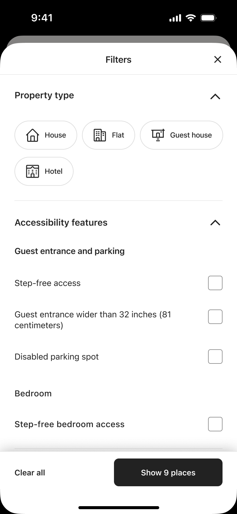 Property type chips and expanded accessibility features checklist.