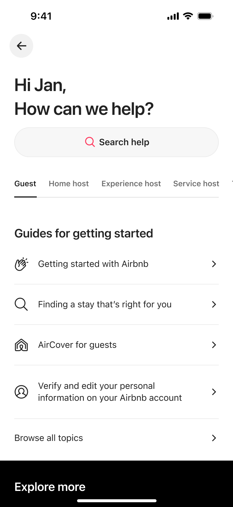 Help centre home with search, audience tabs and guides for getting started.