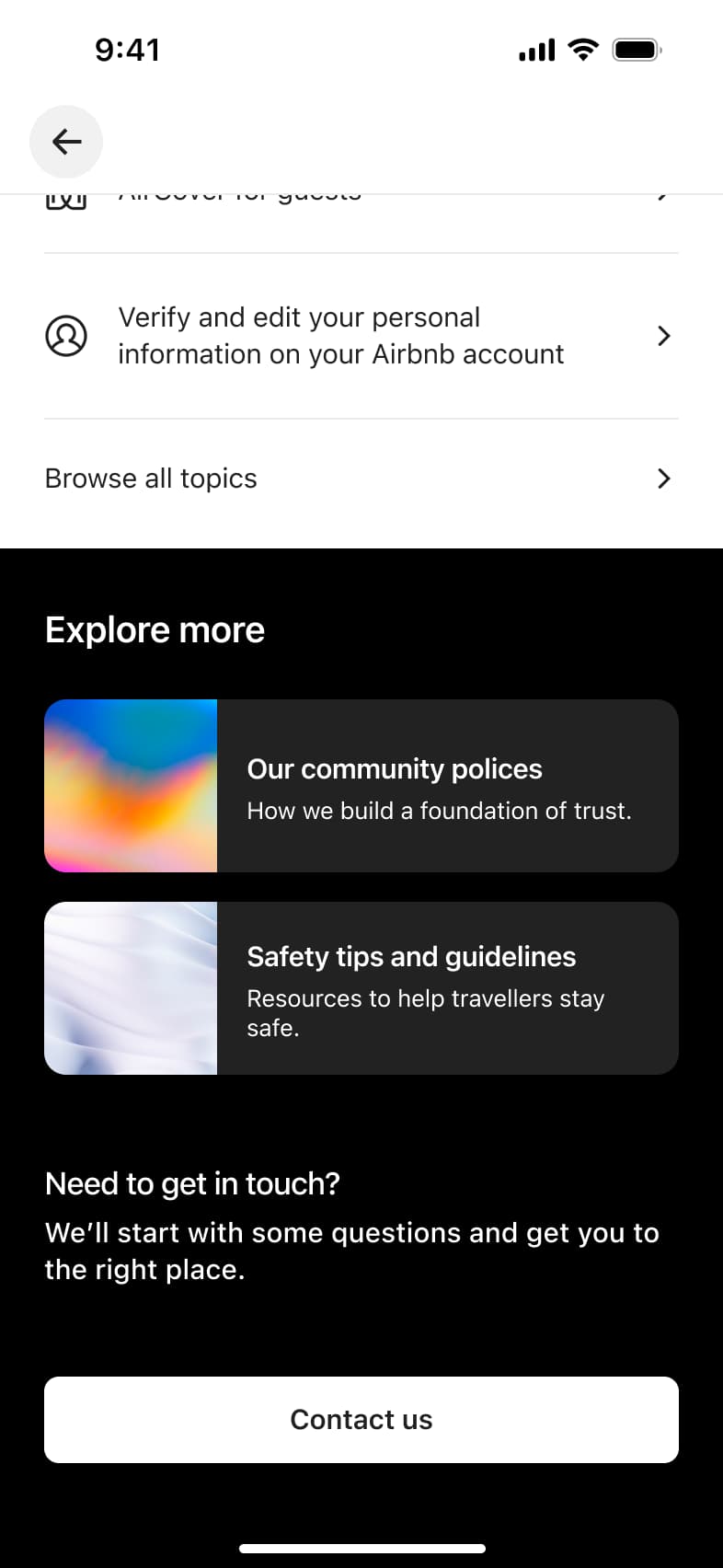 Help centre scrolled to explore more cards and contact us section.