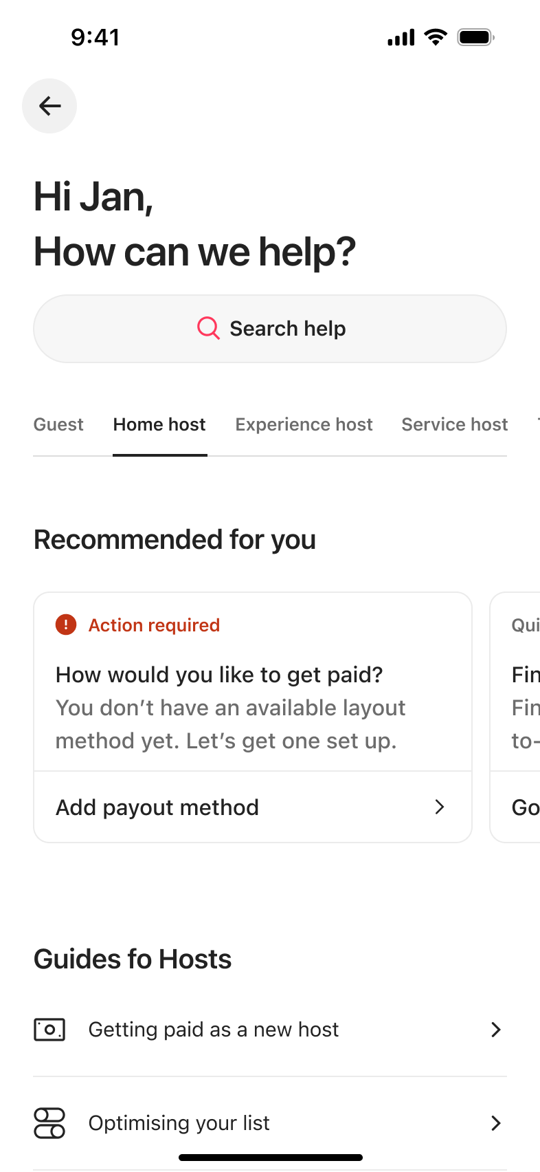 Help centre home host tab with recommended action cards and host guides.