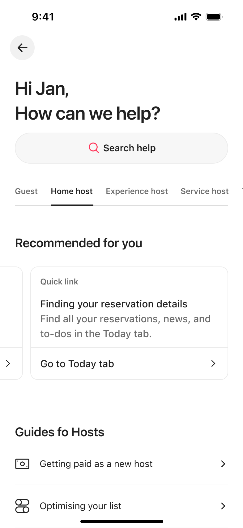 Help centre with quick link card and host guides.