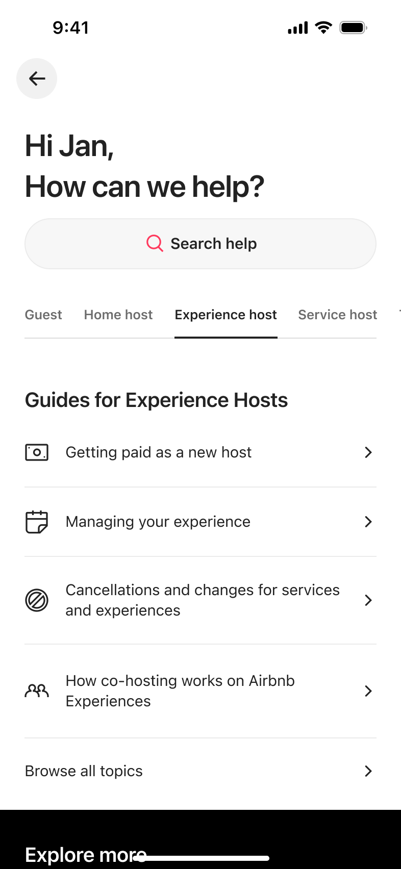 Help centre experience host tab with guides.